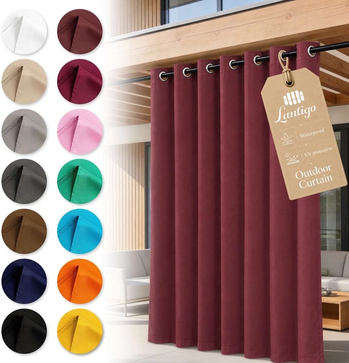Lantigo Buitengordijn Bordeaux 155x250 cm waterdicht winddicht | Privacyscherm pergola overkapping tuin ringen set