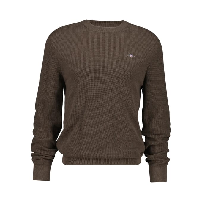 Gant Trui Solid Color Micro Textured Cotton Crew Neck Dark Hazelnut Melange / male