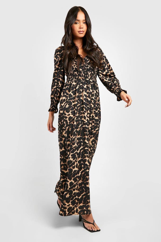 boohoo Dames Petite Leopard Shirred Detail Maxi Jurk | Zwart | Maat: 36