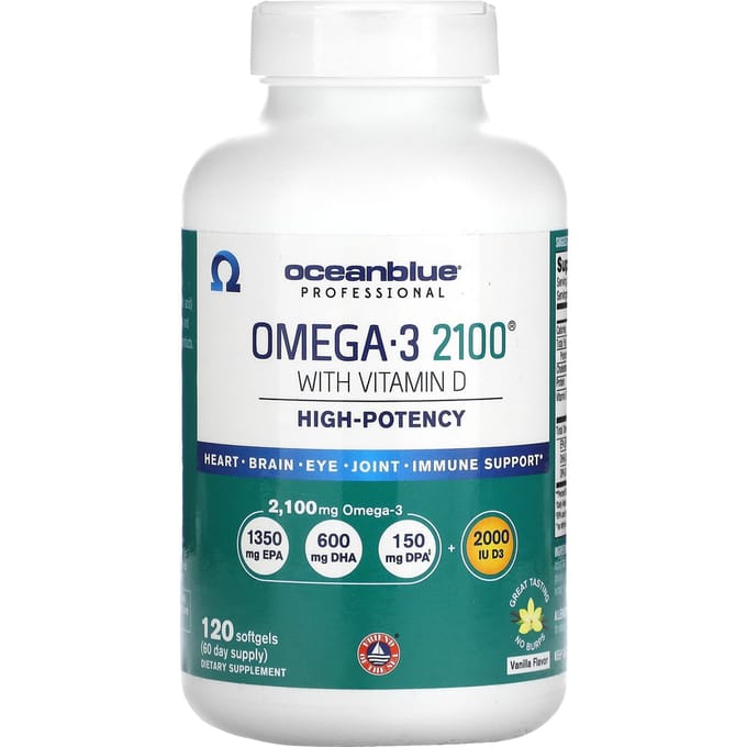 OceanBlue, Professionnel, Omega 3 2100, Contient de la vitamine D, Haute efficacité, Vanille, Gélule 120 comprimés