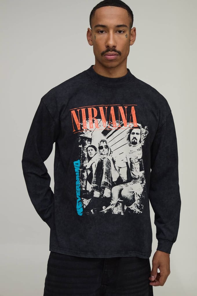 Gewassen Oversized Nirvana Tour Licentie Print Long Sleeve T-shirt | Washed Black | Size Medium