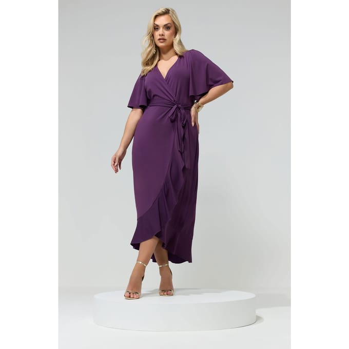 Yours London Paarse Wikkelmaxijurk Met Korte Mouwen En Ruches Size 46