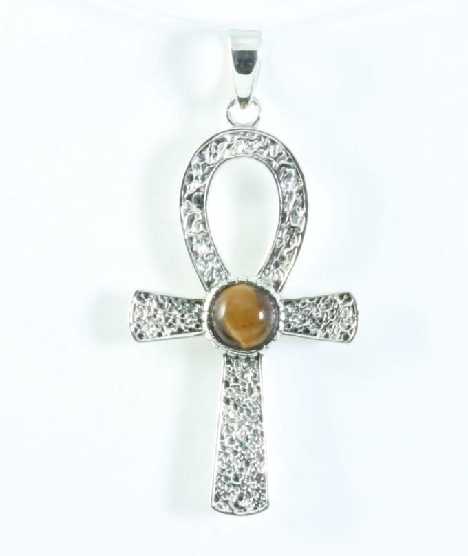 Bewerkte zilveren ankh hanger met tijgeroog