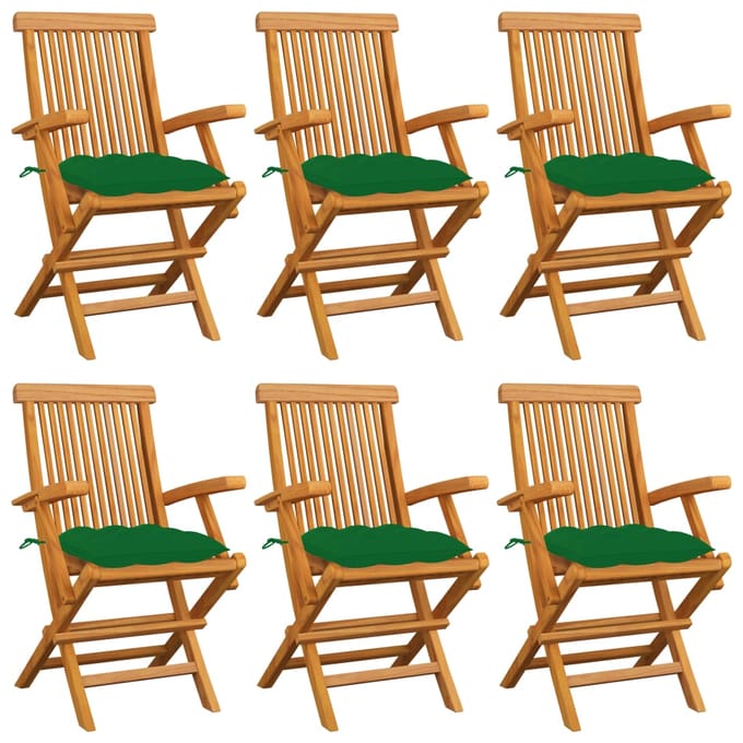 vidaXL - Klapstoelen - met - groene - kussens, - 6 - stuks, - massief - teakhout