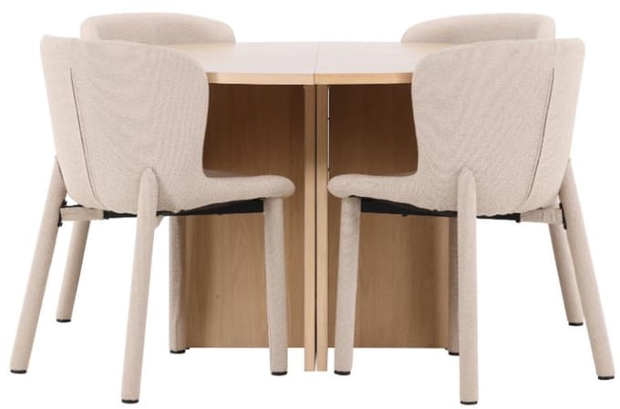 Strada eethoek uittrekbare tafel Ø120cm, 170cm en 4 stoelen whitewash, beige.