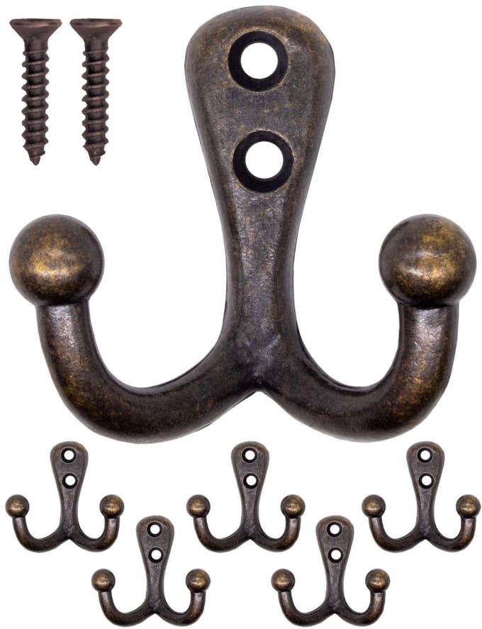 Massieve antieke dubbele haken, garderobehaken, messing brons design, set van 5