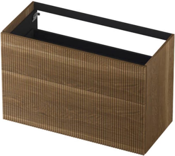 INK wastafelonderkast 2 laden greeploos push to open echt hout verticaal gefreesd 100x45x65cm, massief eiken chocolate