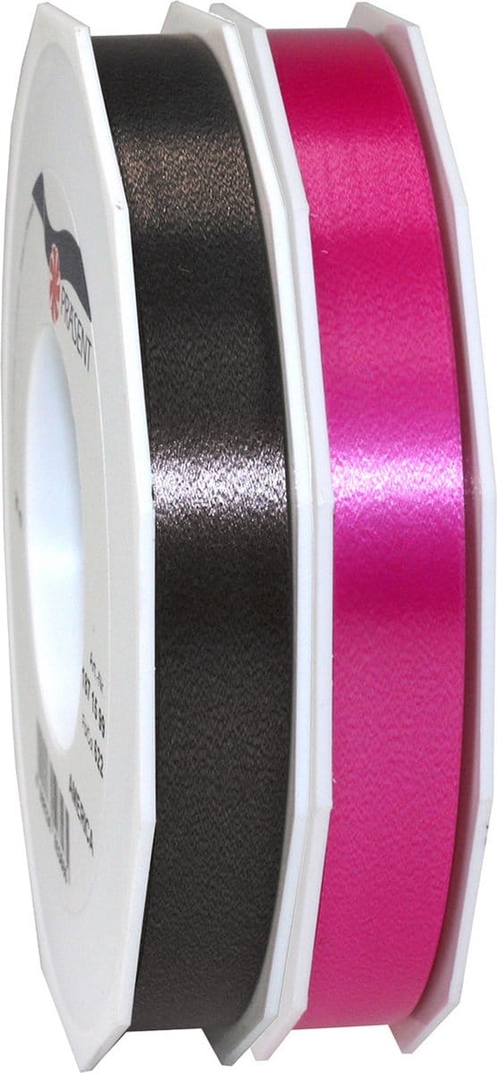Glorex Hobby/deco luxe cadeau sierlint zwart/fuchsia roze 1.5 cm x 91 meter