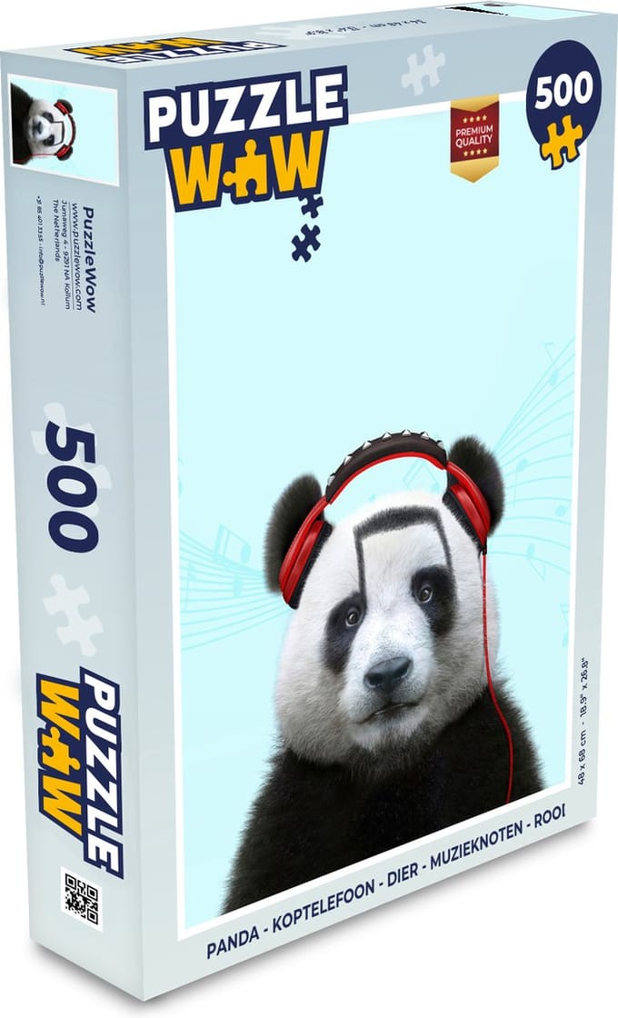Puzzel Panda - Koptelefoon - Dier - Muzieknoten - Rood - Legpuzzel - Puzzel 500 stukjes