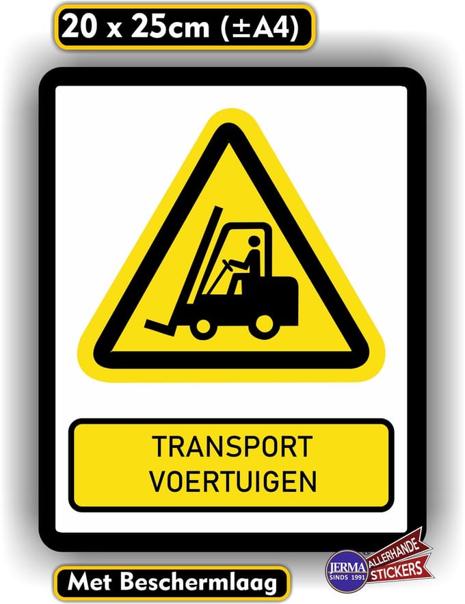 Jerma - Pas op Heftruck - Transport middel - ISO norm - sticker - 20 x 25 cm - Weerbestendig - Vinyl