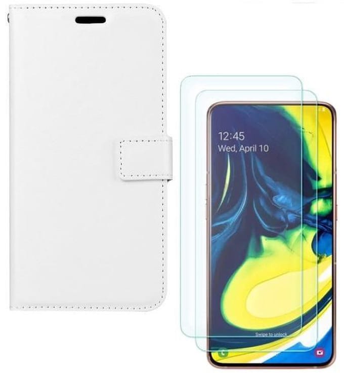 hoesje Geschikt voor: Samsung Galaxy A80 Portemonnee Wit met 2 stuks Glas Screen protector