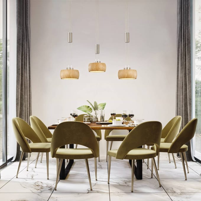FISCHER & HONSEL LED hanglamp Shine-Wood, eiken/nikkel, lengte 100 cm 3-lamps.