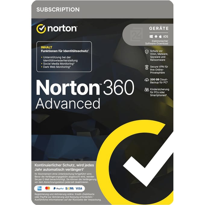Norton 360 Advanced | 10 Apparaten | 1 Jaar | Met 200 GB cloudback-up