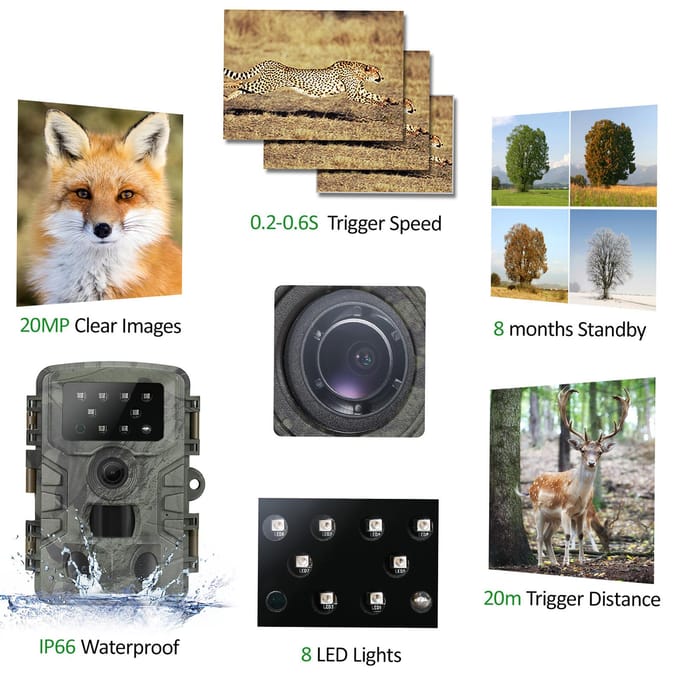Trail Camera Waterdichte 20MP 1080P Jachtcamera met 3 Infraroodsensoren Nachtzicht Bewegingsdetectie camouflage