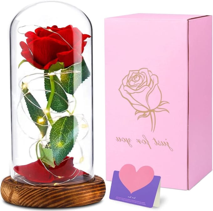 Eeuwige Roos - Rozenlamp Glas - Romantisch Cadeau - Geconserveerde Bloemen - 25 cm hoog - Rood