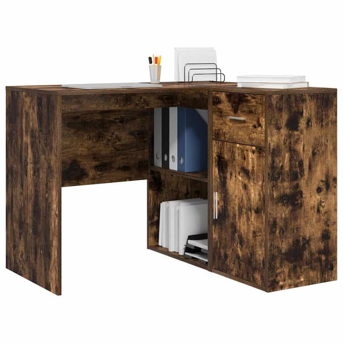 vidaXL - Hoekbureau - met - lade - met - plank - Rook - Eiken - 102 - x - 88 - x - 75 - cm