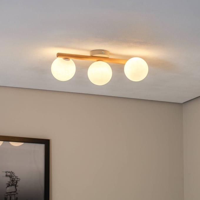 TK Lighting Estera plafondlamp, opaal glas, hout, 3-lamps