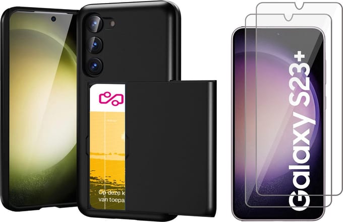 Hoesje met Pasjeshouder geschikt voor Samsung Galaxy S23 Plus - 2x Screen Protector GlassGuard - Back Cover SlideCase Zwart & Screenprotector