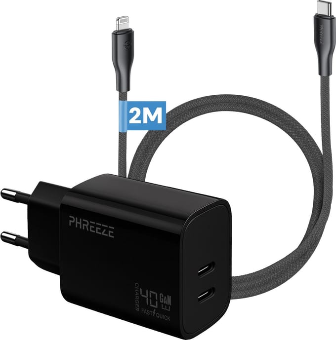 Phreeze usb C adapter geschikt voor iPhone - Geschikt voor usb C naar Lightning kabel 2 meter - Power Delivery oplader met 2 poorten - Snellader