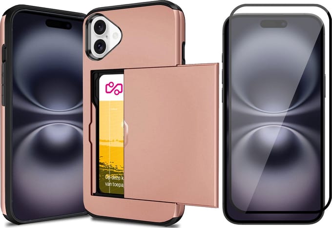 Hoesje met Pasjeshouder geschikt voor iPhone 16 - Screen Protector FullGuard - Back Cover SlideCase Roségoud & Screenprotector