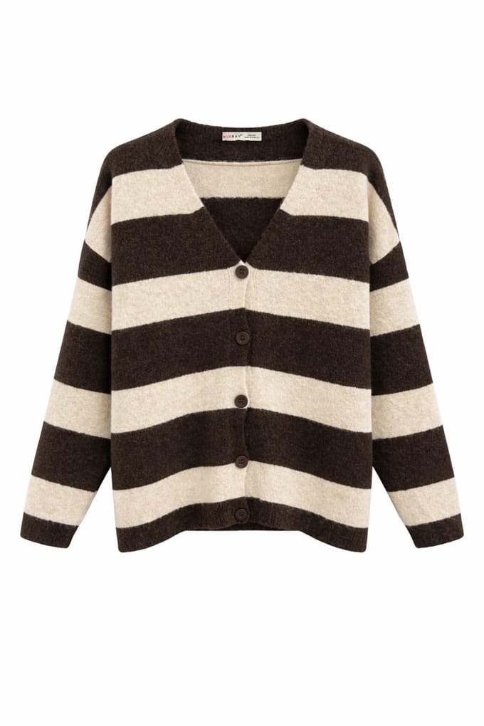 Gestreepte V-hals Knopenfront Brei Cardigan