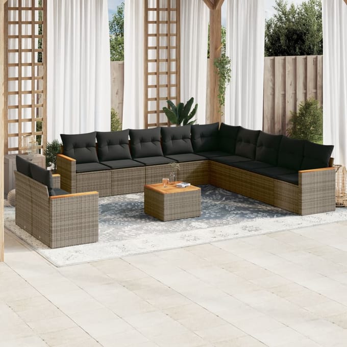 vidaXL - 12-delige - Loungeset - met - kussens - poly - rattan - grijs