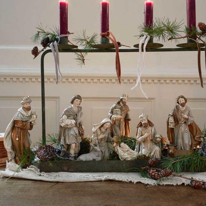 LOBERON Kerststalfiguurtje set van 9 Caprinas bont