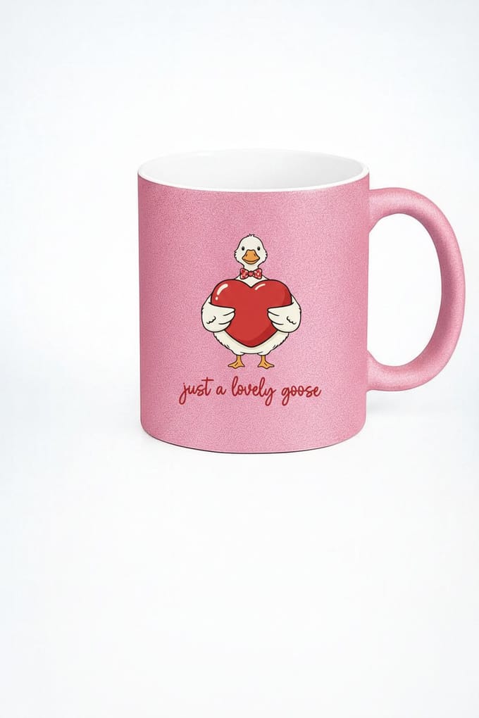Roze Glitter Mok 'Just a Lovely Goose' - Schattige Gans met Hart - Romantisch Cadeau