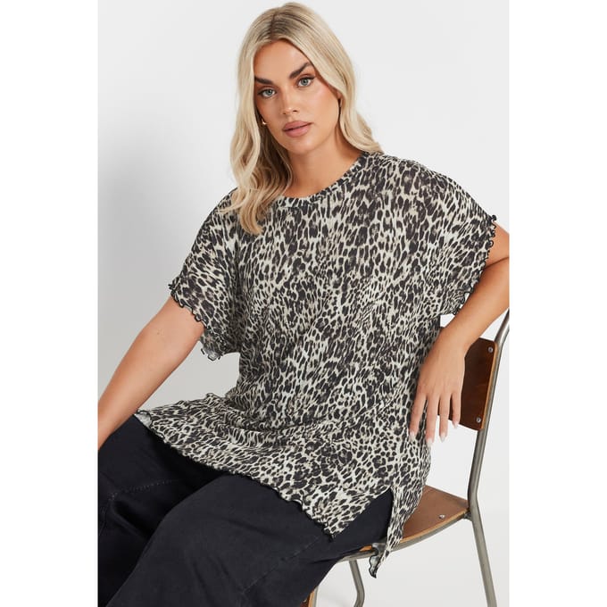Yours Plissé Tshirt Met Luipaardprint In Beige/Zwart Size 42