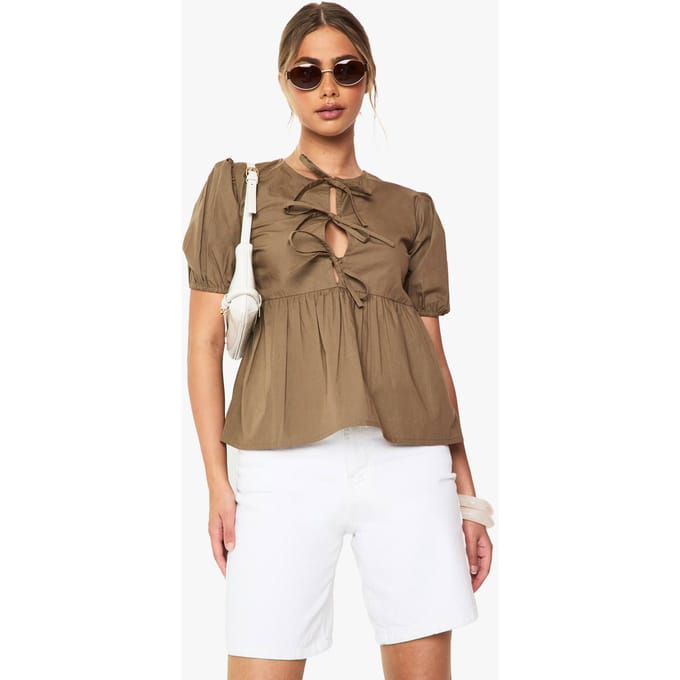 boohoo Dames Katoenen poplin smock top met voorstrik | Khaki | Maat: 10
