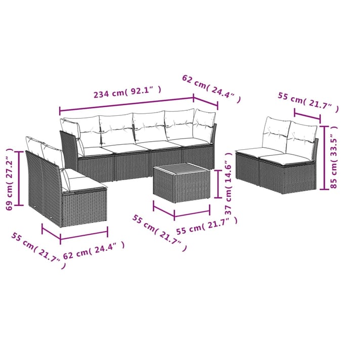 vidaXL - 9-delige - Loungeset - met - kussens - poly - rattan - grijs