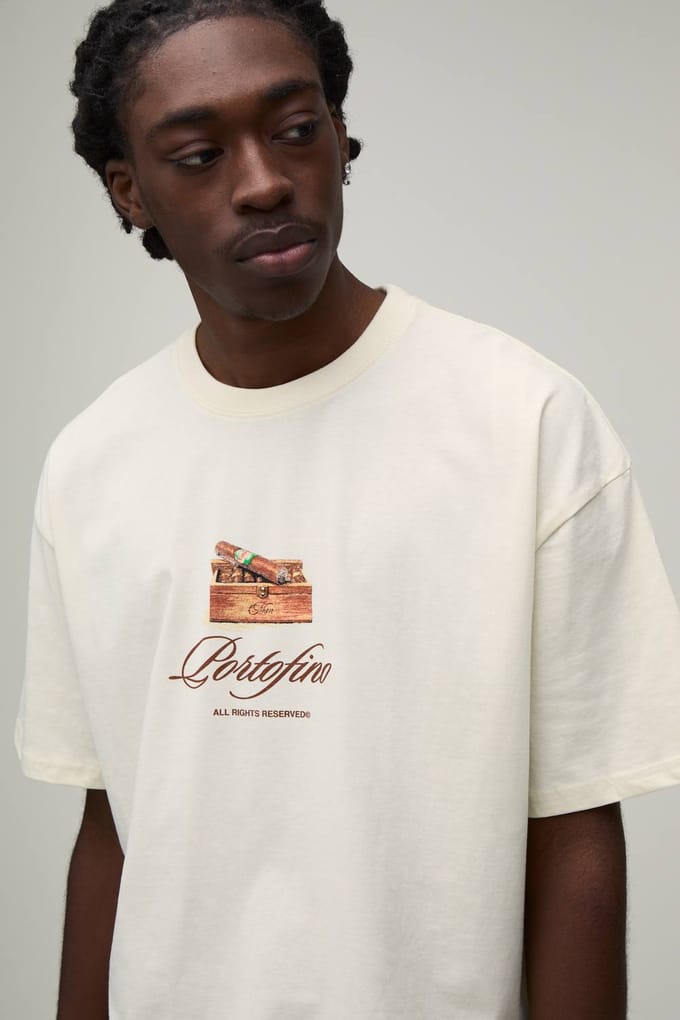 Ecru Oversized Boxy T-shirt Met Portofino Print | Size Large