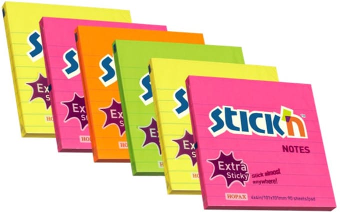 Stick'n 6 grote memoblokken - 101x101mm - extra sticky notes, gelinieerd, 6x 90 memoblaadjes