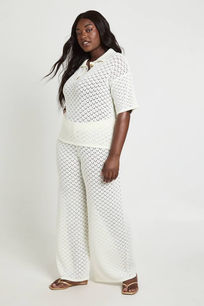 boohoo Dames Plus Gebreide Strandbroek | Ivory | Maat: 16-18