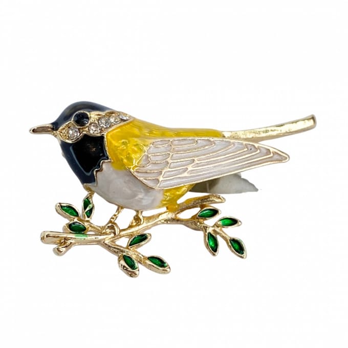 Broche Vogel goudkleurig geel zwart- Charme Bijoux