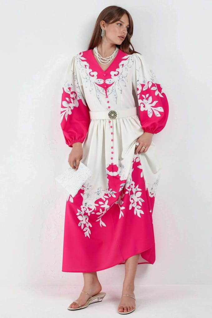 Bloemen Maxi Jurk met V-hals en Knoopdetails