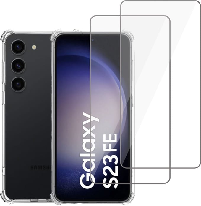 Geschikt voor Samsung Galaxy S23 FE - Hoesje + 2x Screenprotector – Gehard Glas Cover + Shock Proof Case – Transparant
