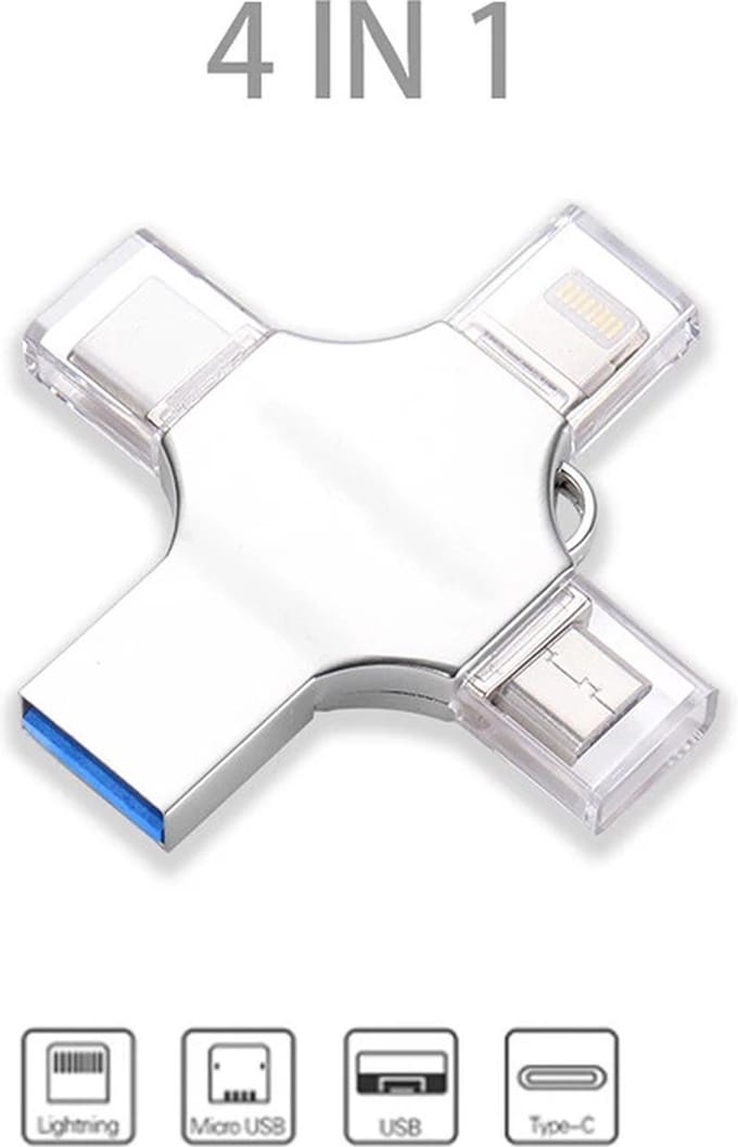 Bru USB Flashdrive - 4-in-1 USB Multi Functioneel Flashdrive - Compatibel met iOS, Android en PC - Extern Geheugen - Extra opslagruimte voor uw multimedia - 64 GB