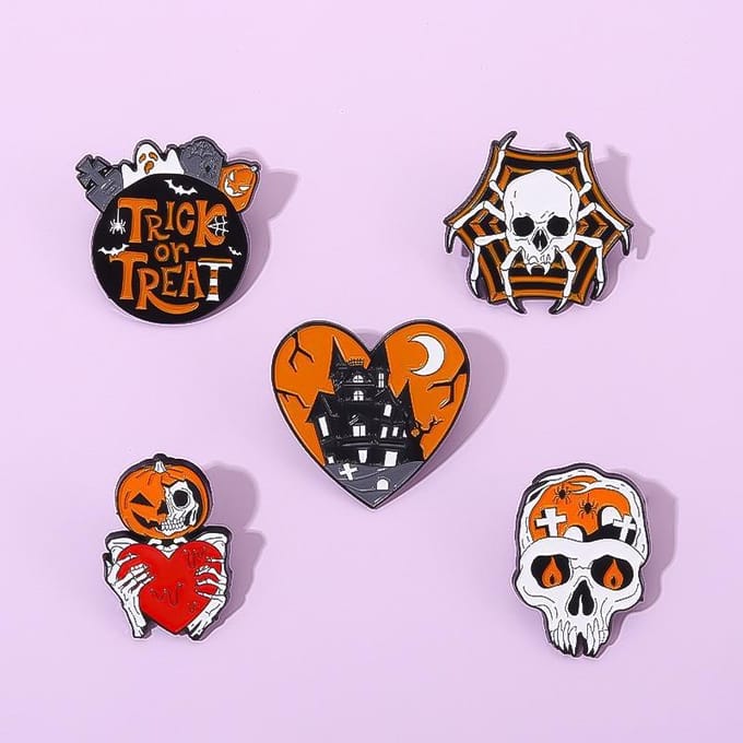 Broche en alliage pour Halloween, 1 pièce, crâne, araignée, citrouille, épingles à revers, Badge, bijoux, accessoires pour vêtements orange