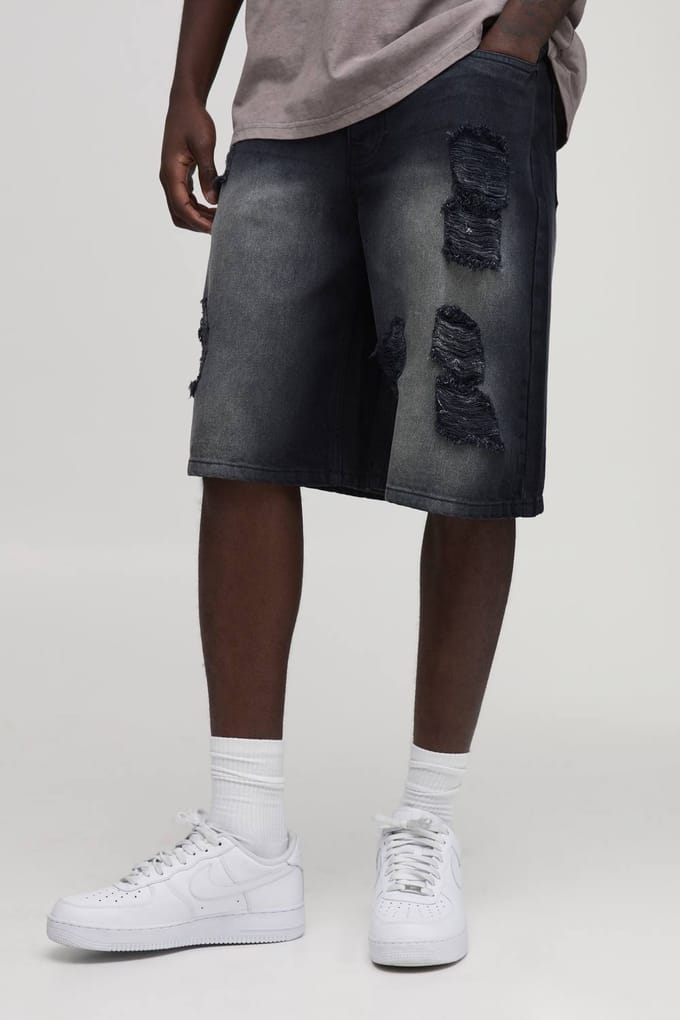 Extreme Baggy Gescheurde Denim Shorts | Washed Black | Size 36