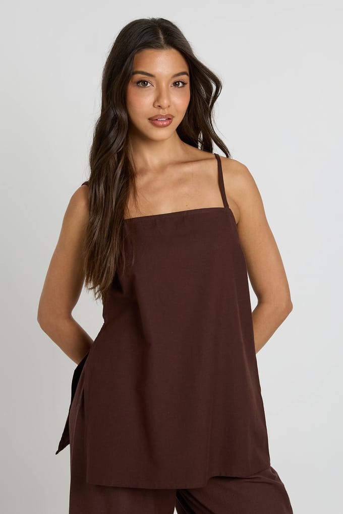 boohoo Dames Linnen-look Longline Cami & Wijde Broek Co-ord | Chocoladebruin | Maat: 40