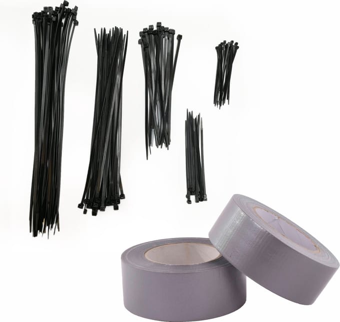 Kortpack - Set van 5 maten Kabelbinders + 2 rollen Grijze Duct-Tape van 5cm breed x 50mtr lang - (099.0185)