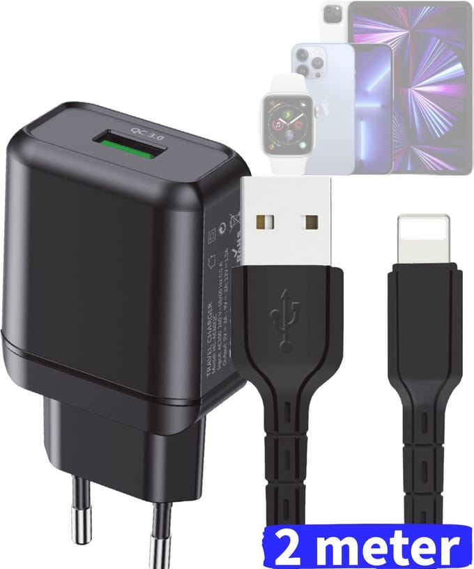 Oplader geschikt voor iPhone 14/13/12/11/X - Lightning - 2 Meter - Zwart