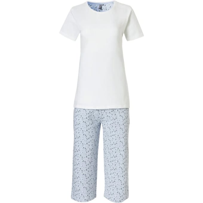 By Louise Dames Capri Korte Pyjama Set Wit / Blauw - Maat XXL