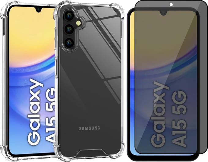 Hoesje geschikt voor Samsung Galaxy A15 - Privacy Screenprotector Volledig Dekkend Glas - Shockproof Transparant