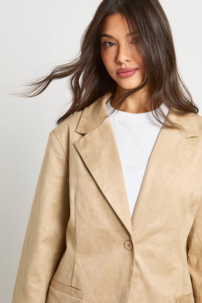 boohoo Dames Boxy oversized nepsuede blazer | Beige | Maat: 36