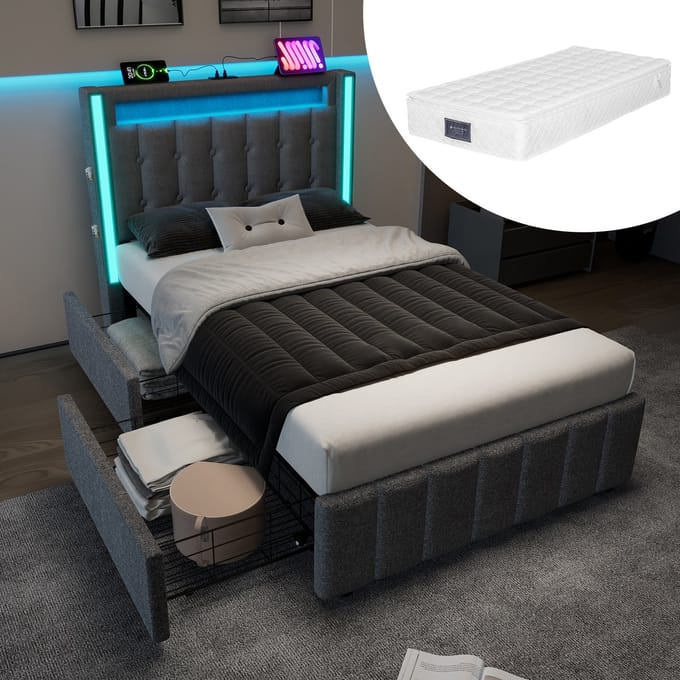 Wishdor Gestoffeerd Bed 90x200 cm - USB/Type-C & LED - 2 Lades - Grijs Linnen - High-Tech & Compact