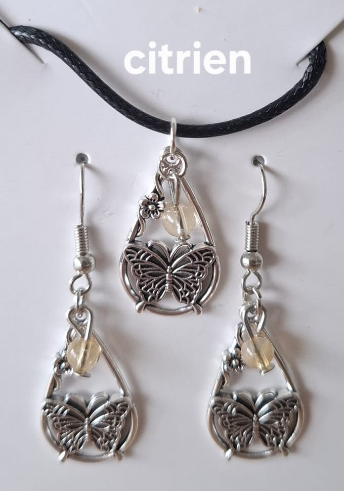 Set "Citrien" Waterdruppel / Vlinder Ketting / Oorbellen