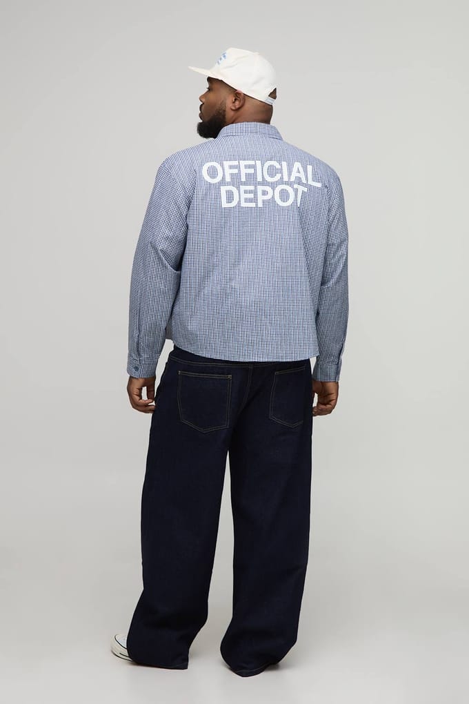 Plus Oversized Boxy Official Depot Print Micro Geruite Shirt | Blue | Size 2XL