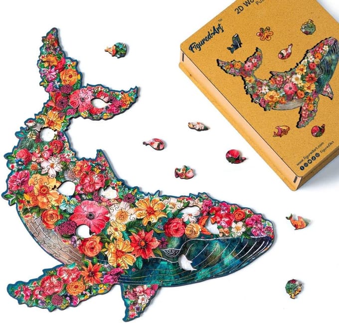Houten Puzzel - Legpuzzel - Ontspanning - Uniek Design - 32x32 cm - Bloemen walvis